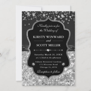 Convites Casamento Elegante Preto e Prata com Diamantes