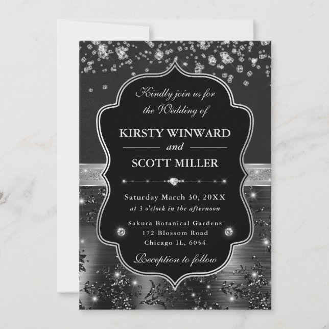 Convites Casamento Elegante Preto e Prata com Diamantes (Frente)