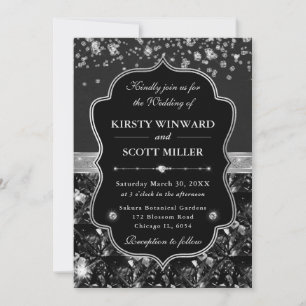 Convites Casamento Elegante Preto e Prata com Diamantes