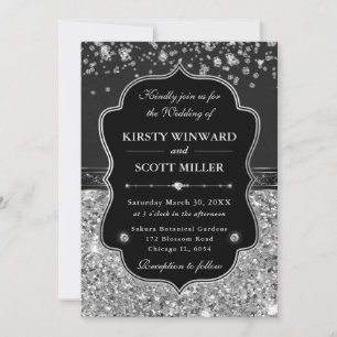 Convites Casamento Elegante Preto e Prata com Diamantes