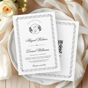Convites Casamento elegante preto, ramo branco e código QR