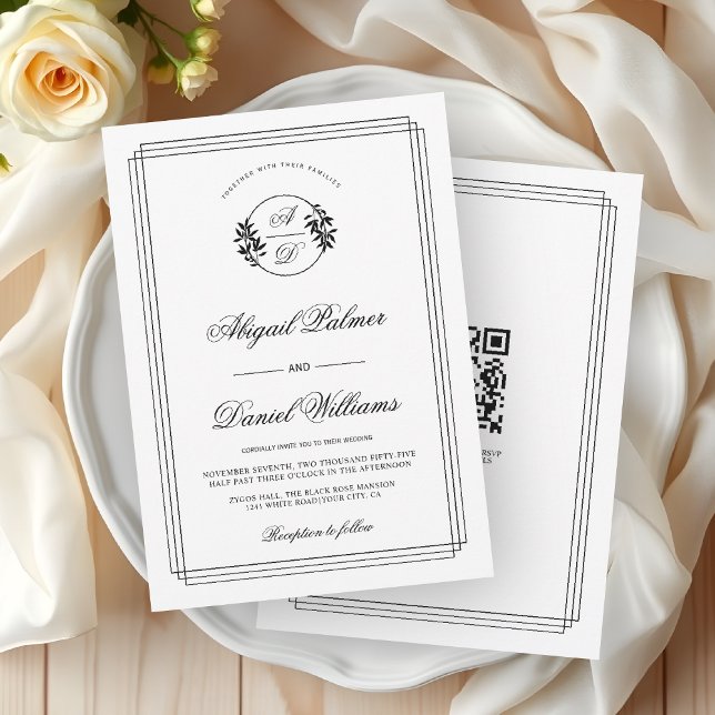 Convites Casamento elegante preto, ramo branco e código QR (Criador carregado)