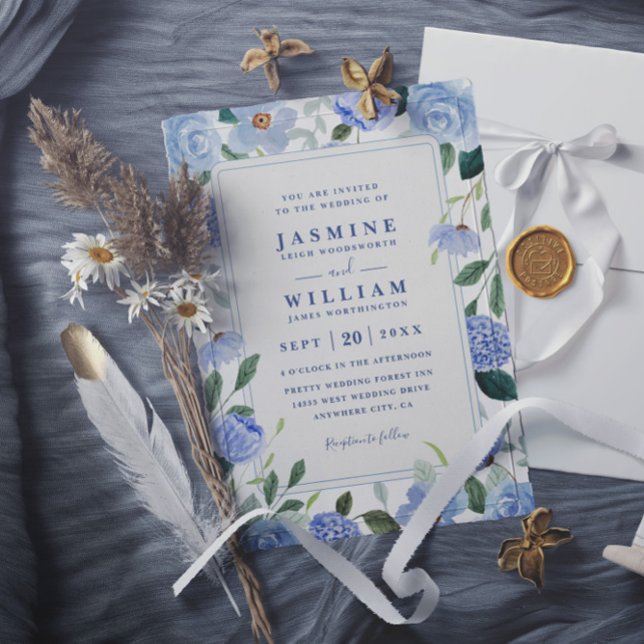 Convites Casamento Elegante QR Code Aquarela Floral Azul (Criador carregado)