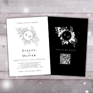 Convites Casamento Elegante QRCode Floral de Monograma Bran