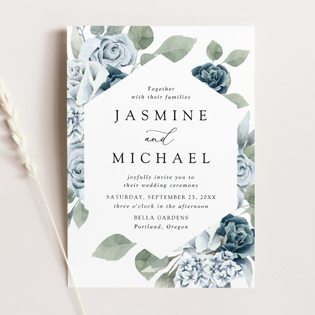 Convites Casamento Elegante Quadro Floral Azul Poeirento (Criador carregado)
