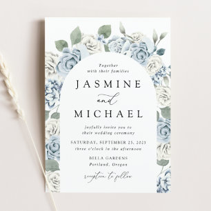 Convites Casamento Elegante Quadro Floral em Azul Poeirento