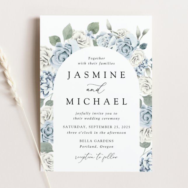 Convites Casamento Elegante Quadro Floral em Azul Poeirento (Criador carregado)