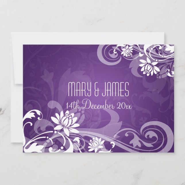Convites Casamento Elegante Redemoinhos Florais Roxos (Frente)