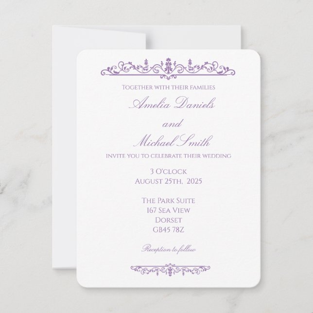 Convites Casamento Elegante Regência Roxo e Branco  (Frente)