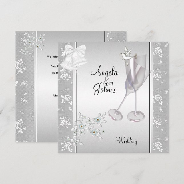 Convites Casamento Elegante Renda Branca Prata Floral (Frente/Verso)