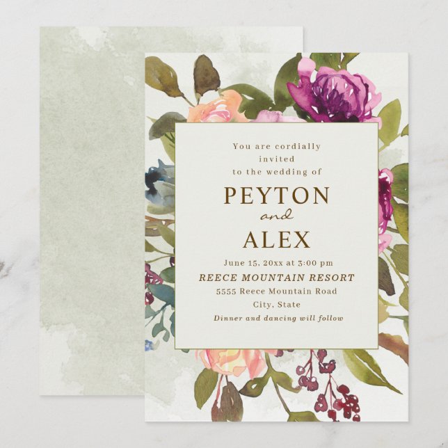 Convites Casamento Elegante Romântico Ameixa Pêssego Verde  (Frente/Verso)