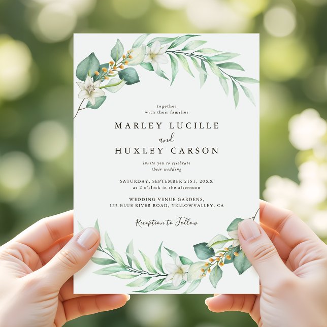 Convites Casamento Elegante Romântico de Greenery Wreath (Criador carregado)