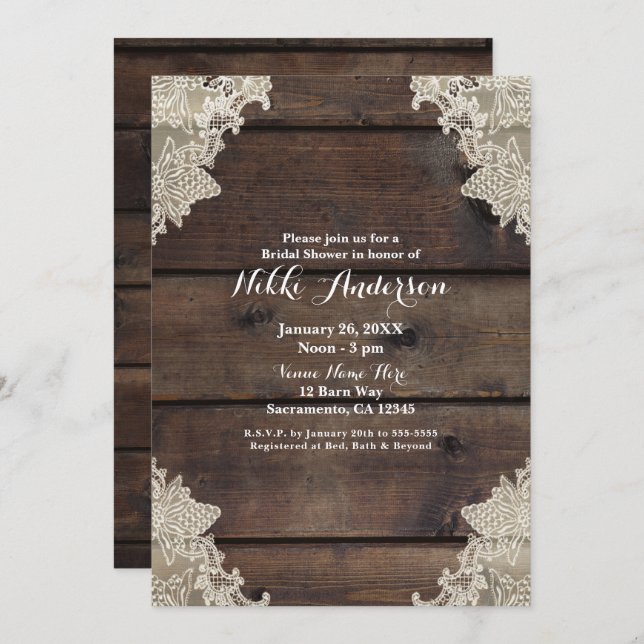 Convites Casamento Elegante Romântico em Madeira e rendas (Frente/Verso)