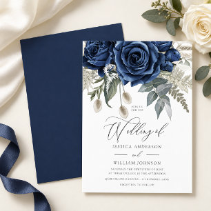 Convites Casamento Elegante Rosa Azul-Marinho