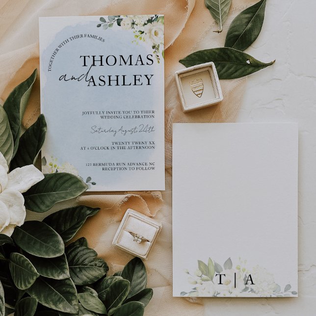 Convites Casamento Elegante Rosa Branca de Azul (Criador carregado)