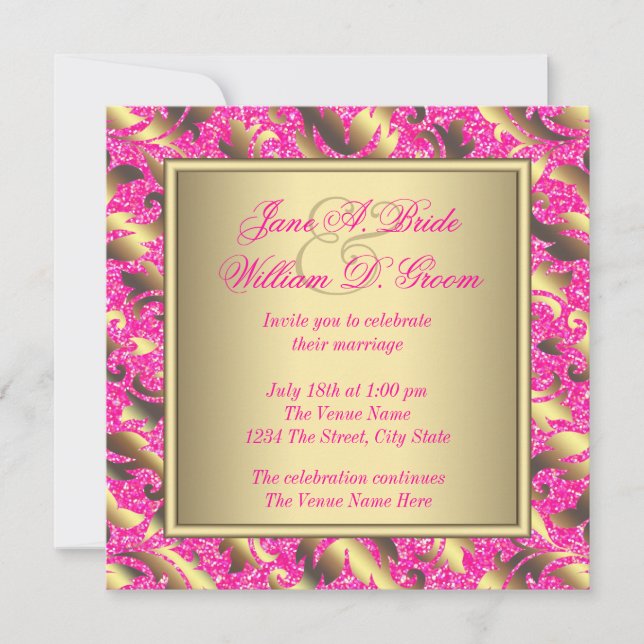 Convites Casamento Elegante Rosa Choque e Dourado (Frente)