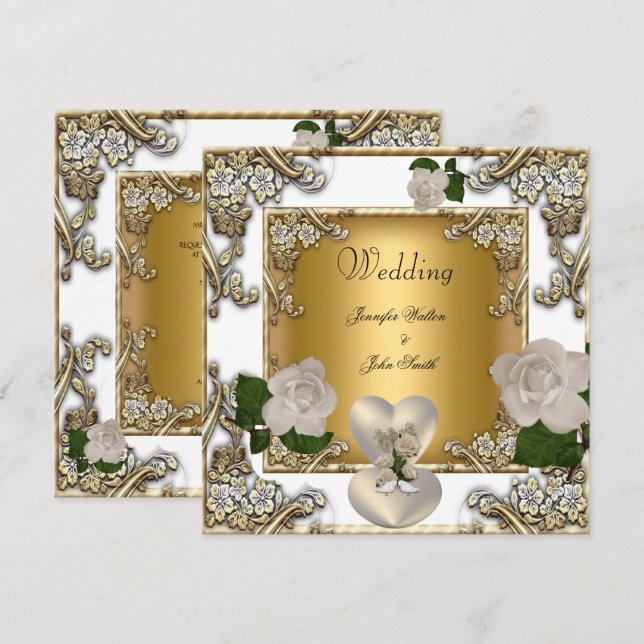 Convites Casamento Elegante Rosa Creme Dourado Branco (Frente/Verso)