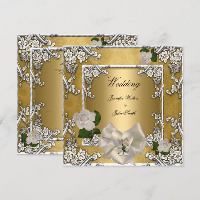 Convites Casamento Elegante Rosa Creme Ouro Prata (Frente/Verso)