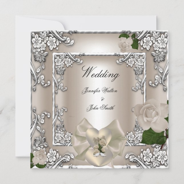 Convites Casamento Elegante Rosa Creme Prata Branco (Frente)