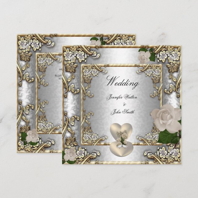 Convites Casamento Elegante Rosa Dourada Prata Branco (Frente/Verso)