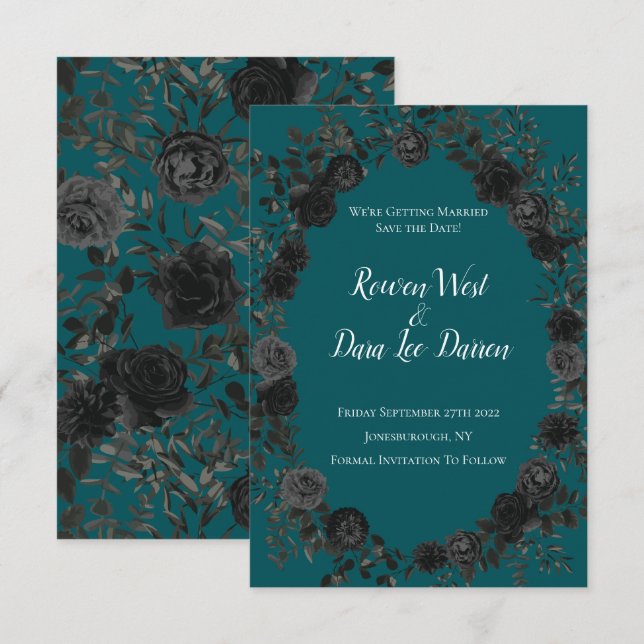Convites Casamento Elegante Rosa Gótico de Teal Negro (Frente/Verso)