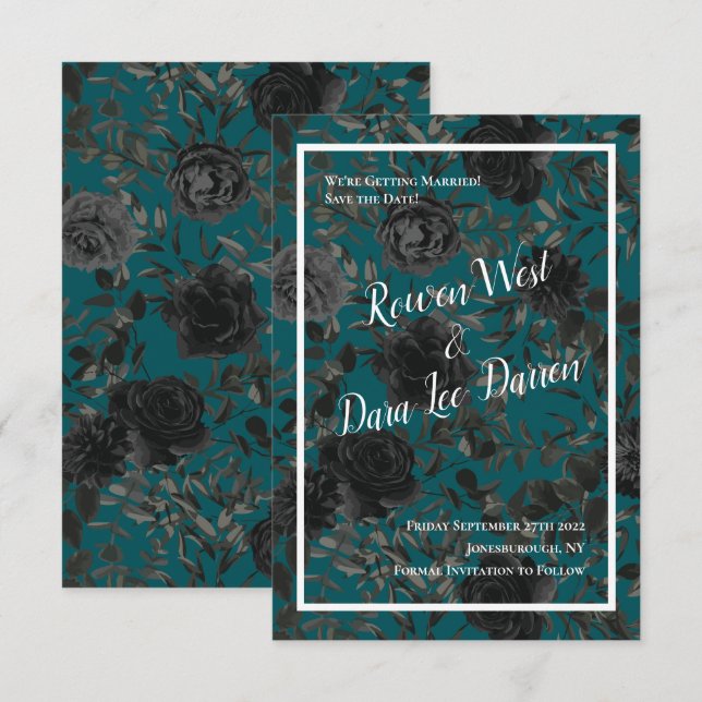 Convites Casamento Elegante Rosa Gótico de Teal Negro (Frente/Verso)