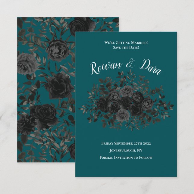 Convites Casamento Elegante Rosa Gótico de Teal Negro (Frente/Verso)