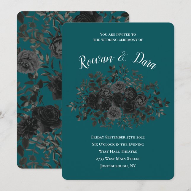 Convites Casamento Elegante Rosa Gótico de Teal Negro (Frente/Verso)