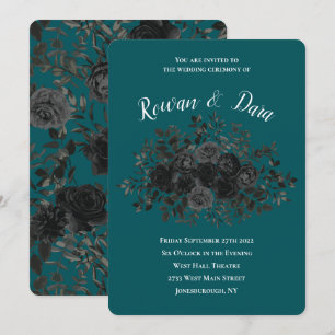 Convites Casamento Elegante Rosa Gótico de Teal Negro