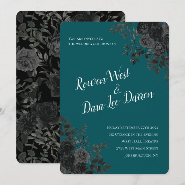 Convites Casamento Elegante Rosa Gótico de Teal Negro (Frente/Verso)