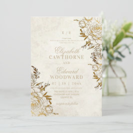 Convites Casamento Elegante Rosa Moderno Marfim & Dourado ⎮
