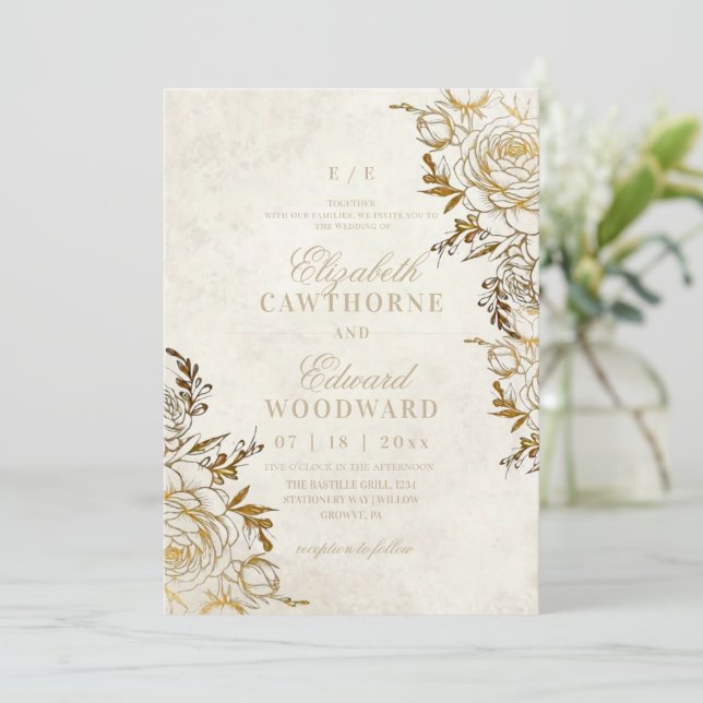 Convites Casamento Elegante Rosa Moderno Marfim & Dourado ⎮ (Em pé/Frente)