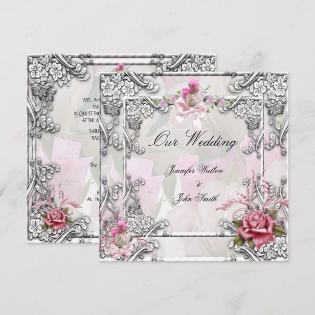 Convites Casamento Elegante Rosa Pingue Prata Branco (Frente/Verso)