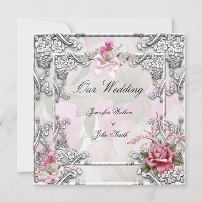 Convites Casamento Elegante Rosa Pink Prata Branco (Frente)