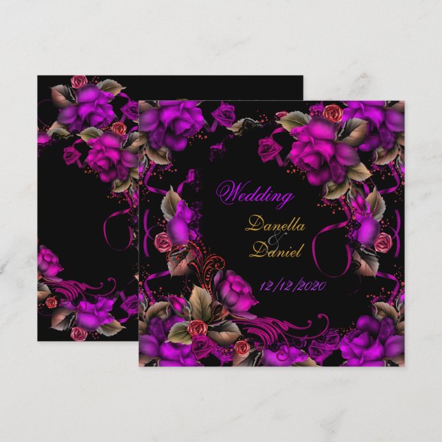 Convites Casamento Elegante Rosa Plumoso Preto (Frente/Verso)