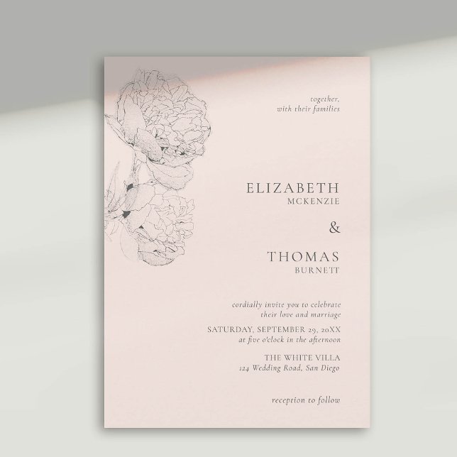 Convites Casamento Elegante Rosa Rosa Pêssego de Peões Deli (peony wedding invitation large blooms ink sketch peach pink formal elegant modern classic)