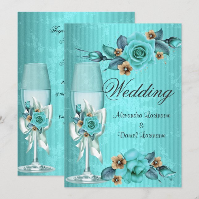 Convites Casamento Elegante Rosas Champanhe Azul Turquesa F (Frente/Verso)
