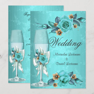 Convites Casamento Elegante Rosas Champanhe Azul Turquesa F