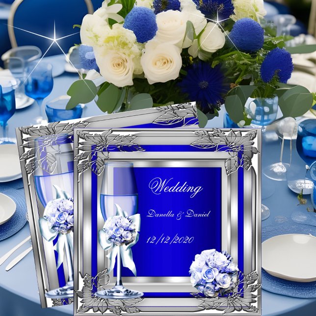 Convites Casamento Elegante Rosas Florais Prata Azul (Criador carregado)