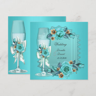 Convites Casamento Elegante Rosas Flores Azul Bege