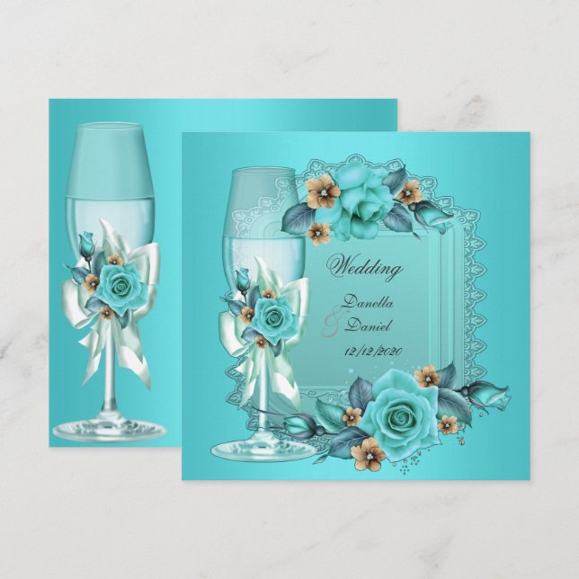 Convites Casamento Elegante Rosas Flores Azul Bege (Frente/Verso)