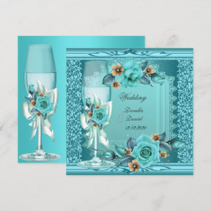 Convites Casamento Elegante Rosas Flores Azul Bege
