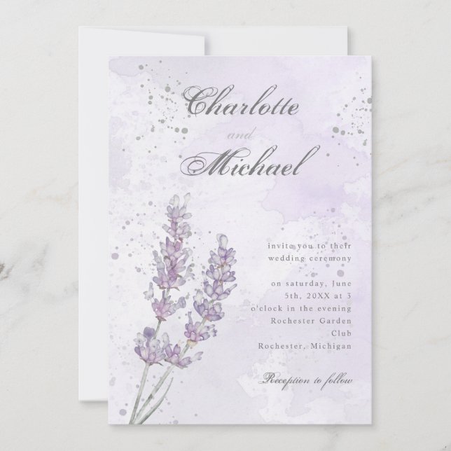 Convites Casamento elegante roxo de lavanda de água (Frente)