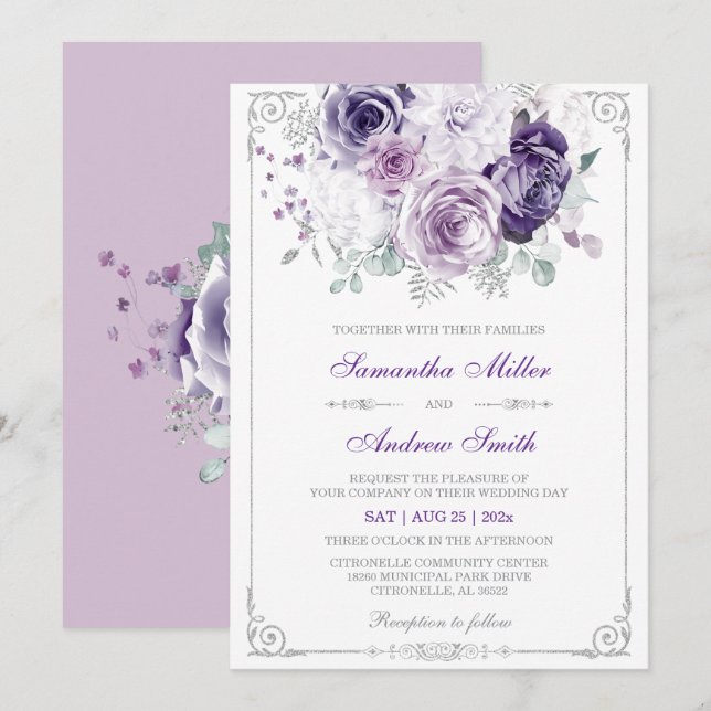 Convites Casamento Elegante Roxo e Prata (Frente/Verso)
