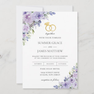 Convites Casamento Elegante Roxo Lilás Floral Anéis Dourado