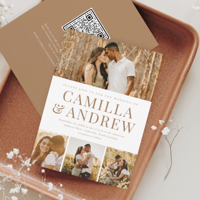 Convites Casamento elegante Rsvp Rsvp de Código QR de Foto  (A modern typography 4 photo  wedding invitation. The back has a QR Code for guests to easily RSVP.)