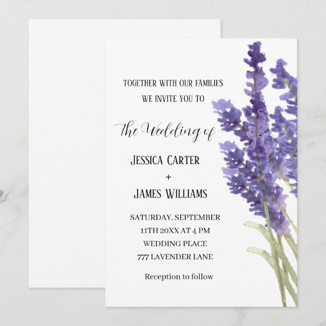Convites Casamento Elegante Russo da lavanda Watercolor (Frente/Verso)