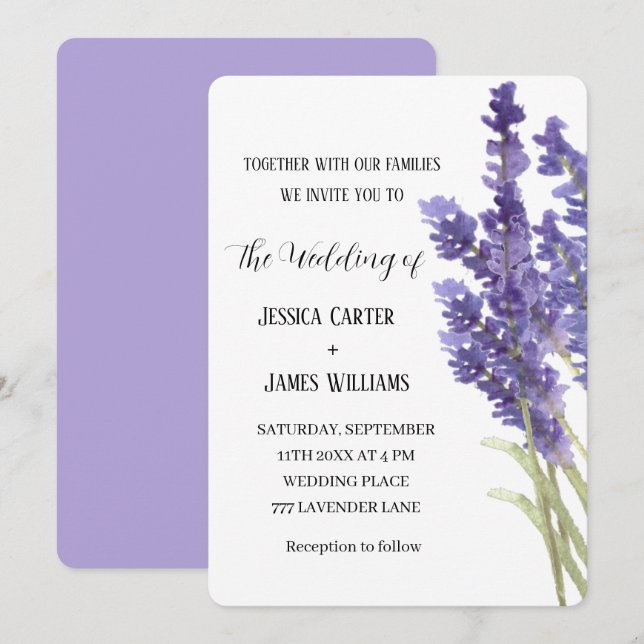 Convites Casamento Elegante Russo da lavanda Watercolor (Frente/Verso)