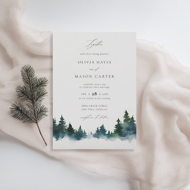 Convites Casamento Elegante Russo de Montanhas (winter wedding invitation christmas botanical modern sleek pine tree elegant contemporary rustic)