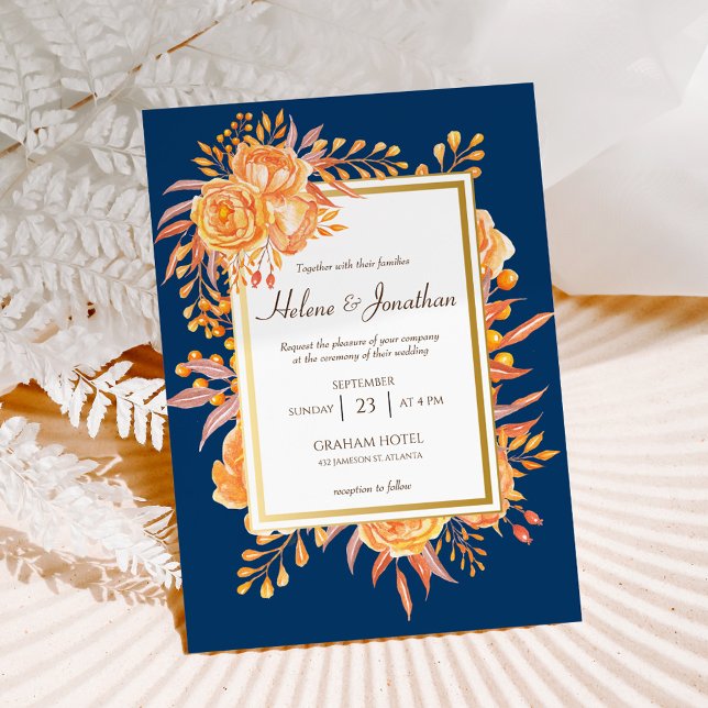 Convites Casamento Elegante Russo Laranja-Rust marinho Azul (Navy Blue Rust Orange Rustic Elegant Wedding Invitation)